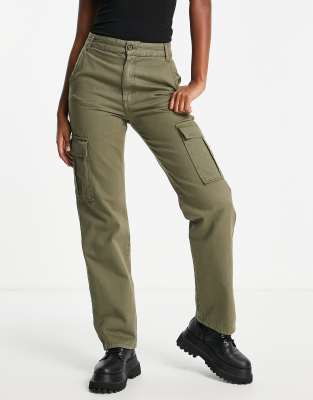 Stradivarius Str Straight Leg Cargo Pants In Khaki-green