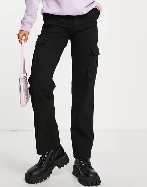 Stradivarius STR straight leg cargo trouser in black