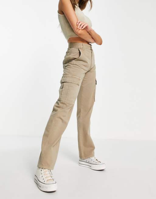 Bershka straight leg cargo trousers in stone