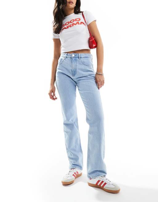 DTT Tall straight leg jeans with raw hem and knee rips in light blue, ASOS