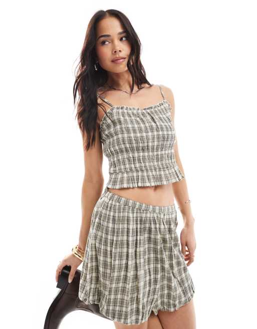 Stradivarius STR strappy ruched cropped top in check (part of a set)