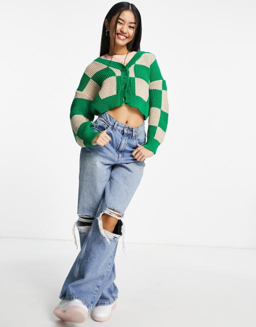 Stradivarius – STR – Strickjacke in Grün mit Schachbrettmuster