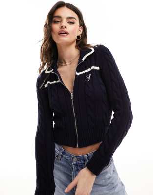 Stradivarius – STR – Strickjacke in Marineblau mit kontrastierender Einfassung 