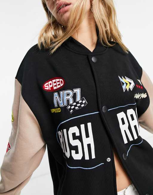 Stradivarius – STR – Svart bomberjacka i collegestil med racertryck, 4 av 4