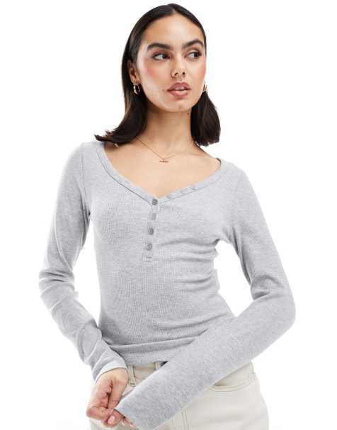 Stradivarius STR ribbed buttoned top in grey