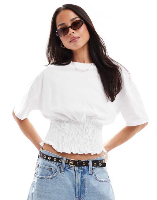 Stradivarius – STR – T-Shirt in Weiß mit geraffter Taille