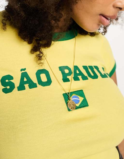 Stradivarius - STR - T-shirt mini gialla con scritta "São Paulo" , 3 di 4