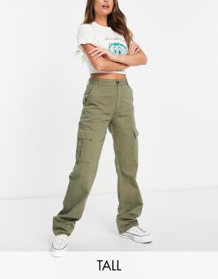 STRADIVARIUS STR TALL STRAIGHT LEG CARGO PANTS IN KHAKI-GREEN