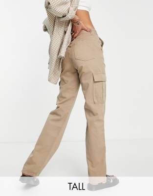 Stradivarius Petite straight leg cargo pants in khaki