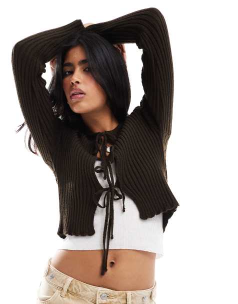 Stradivarius STR tie front cardigan in brown - view 1