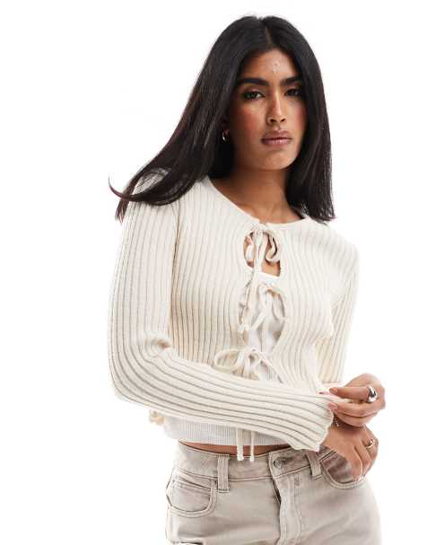Stradivarius STR tie front cardigan in ecru - view 1