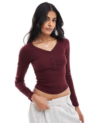 Stradivarius - STR - Top boutonné côtelé - Bordeaux-Rouge