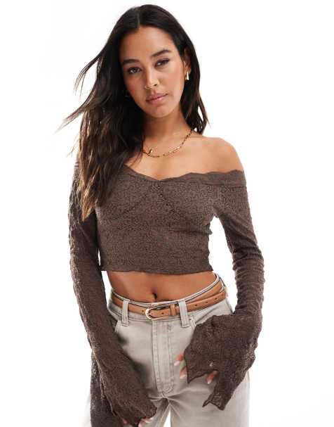 Stradivarius - STR - Top met kant en blote schouder in bruin - view 1