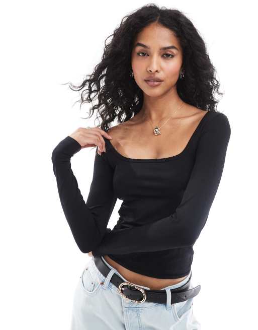 Stradivarius - STR - Top met vierkante hals en lange mouwen in zwart