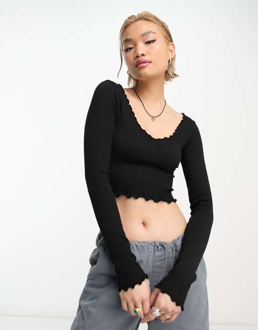 Stradivarius - STR - Top sans coutures à encolure large et ourlet ondulé - Noir 