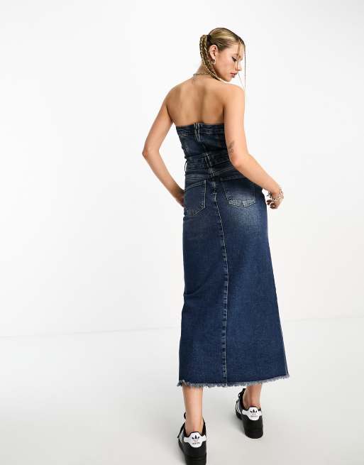 Stradivarius – STR – Trägerloses Jeans-Midikleid in blauer Vintage-Waschung , 2 von 4