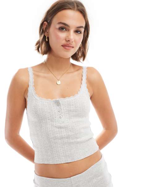 Stradivarius – STR – Trägertop aus Pointelle in Grau, Kombiteil - view 1