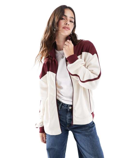 Stradivarius - STR - Trainingsjack in crème en bordeauxrood