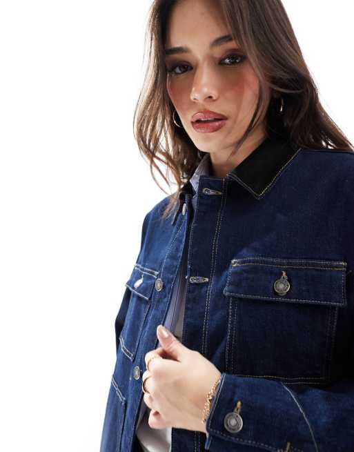 Stradivarius STR Veste en jean d'ensemble à détail en velours