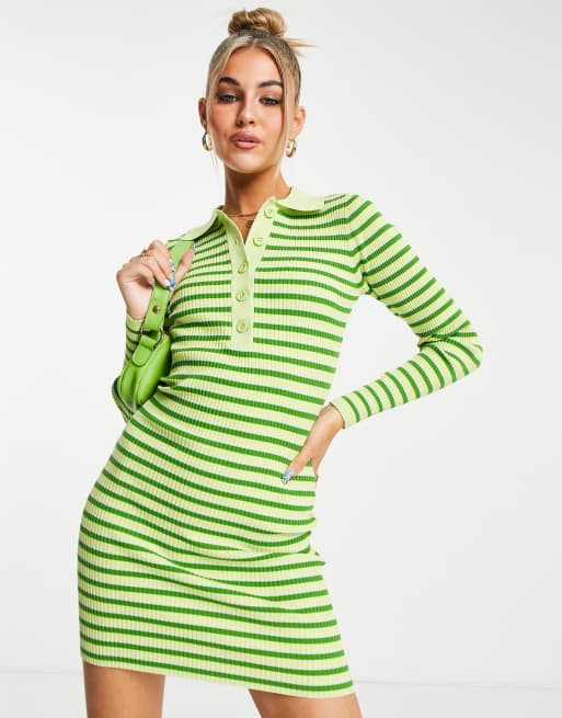 Stradivarius - STR - Vestito corto a polo con colletto a contrasto verde rigato 