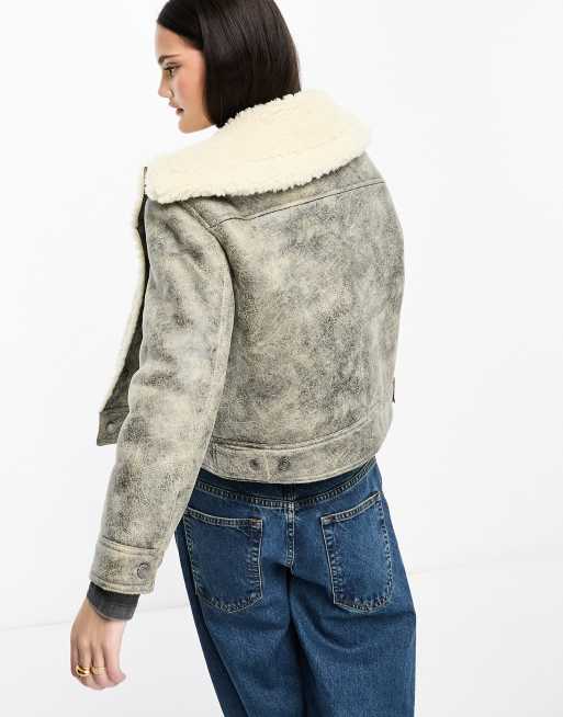 Stradivarius STR vintage washed aviator jacket with borg lining in gray