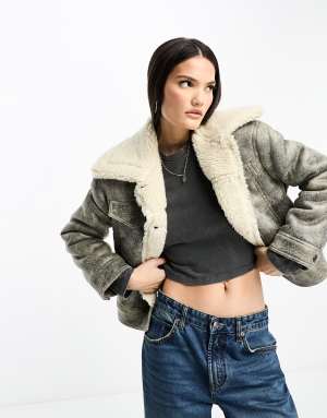 Stradivarius STR vintage washed aviator jacket with borg lining in grey
