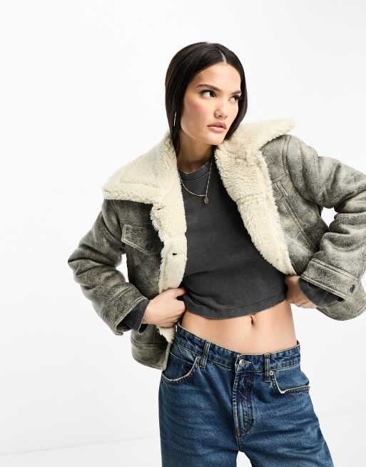 ClassicfuncenterShops acne studios hooded jacket Stradivarius STR vintage washed aviator jacket with borg lining in grey