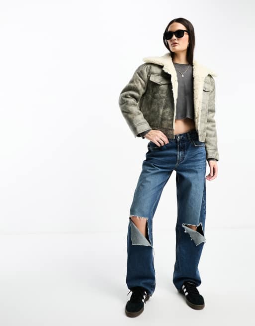 Grey borg lined biker jacket online