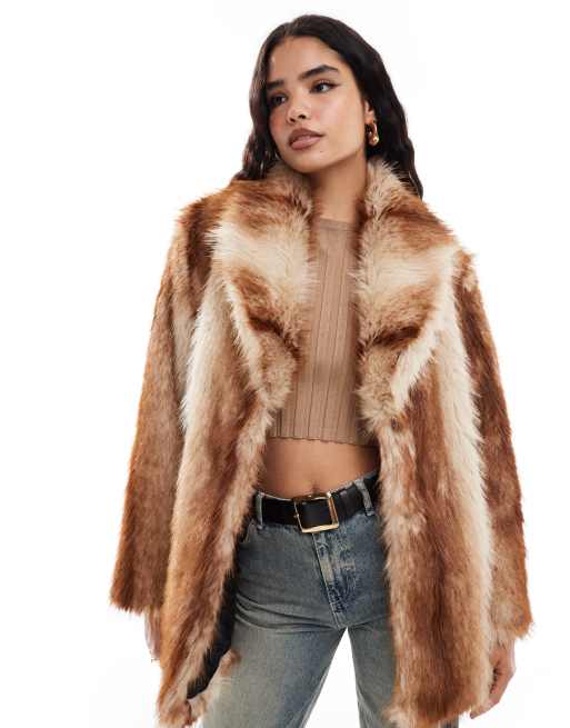 Stradivarius - STR - Vintageinspireret frakke i brun og imiteret pels