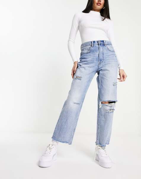 Women's High Waisted Ripped Pants Straight Denim Jeans Casual