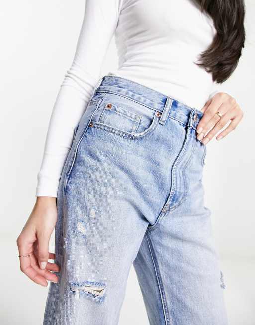 Stradivarius straight cropped jean with rips in medium blue