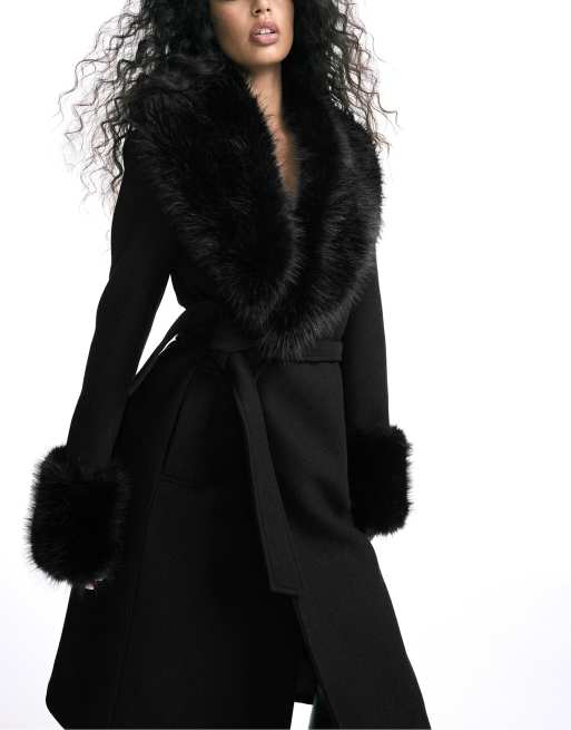 Stradivarius Straight felt coat with faux fur collar in black, 3 of 7