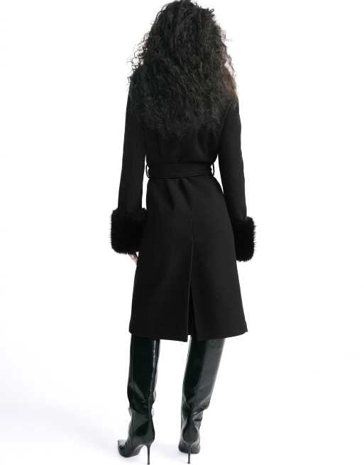 Stradivarius Straight felt coat with faux fur collar in black, 5 of 7