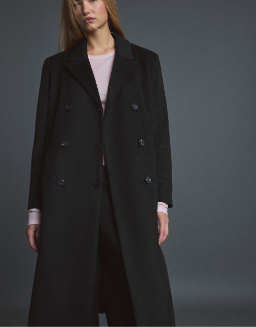 Stradivarius Straight felt texture coat in black, 2 of 7