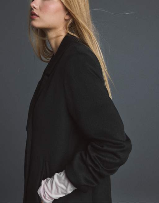 Stradivarius Straight felt texture coat in black, 4 of 7