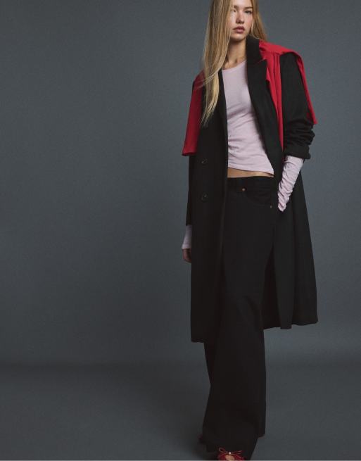 Stradivarius Straight felt texture coat in black, 5 of 7