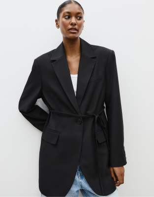 Stradivarius Straight Fit Blazer With Belt In Black