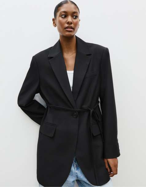 Stradivarius Straight fit blazer with belt in black - view 1