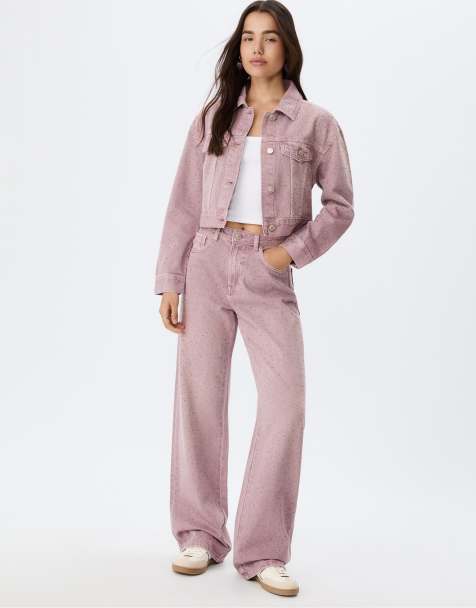 Stradivarius – Straight-Fit-Jeans in Flieder mit Strasssteinen - view 1