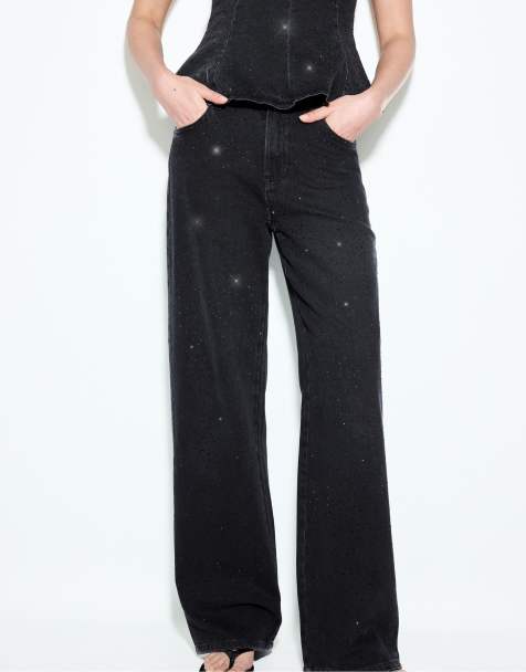 Stradivarius Straight-fit jeans with rhinestones in black denim washed effect