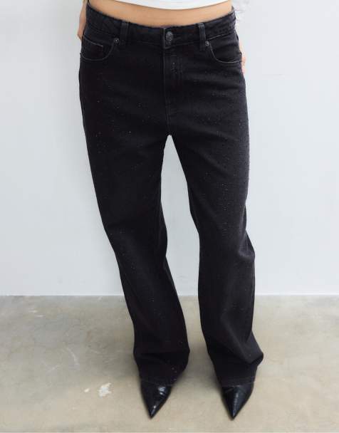 Stradivarius Straight-fit jeans with rhinestones in black denim washed effect - view 1
