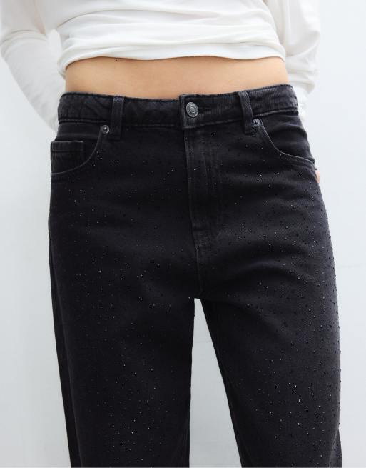 Stradivarius Straight-fit jeans with rhinestones in black denim washed effect, 4 of 4
