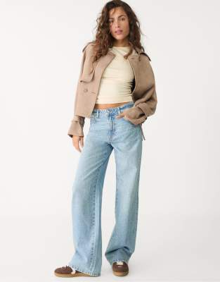 Stradivarius straight fit jeans with rhinestones in medium blue