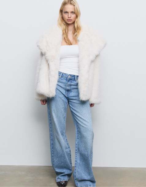 Stradivarius straight fit jeans with rhinestones in medium blue