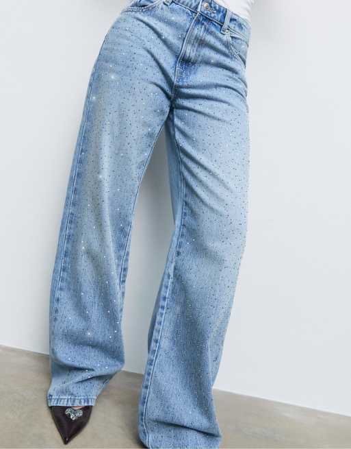Stradivarius straight fit jeans with rhinestones in medium blue, 2 of 4