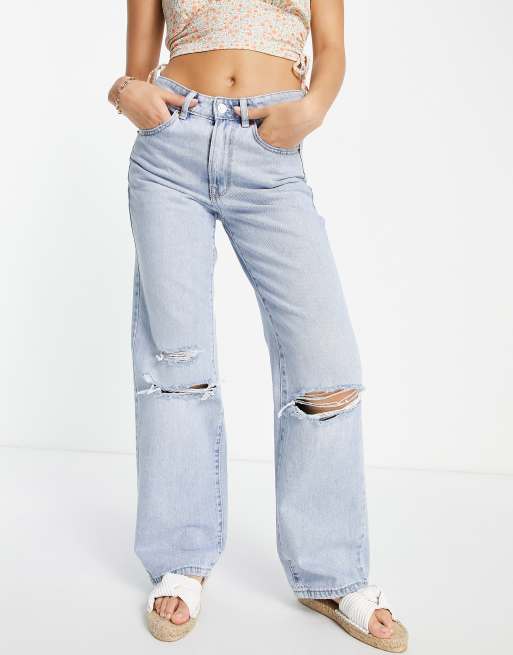 Stradivarius straight fit jeans with rips in light wash | ASOS