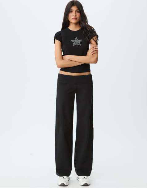 Stradivarius Straight fit trousers with fold-over waist in black