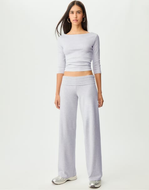 Stradivarius Straight fit trousers with fold-over waist in grey melange - view 1