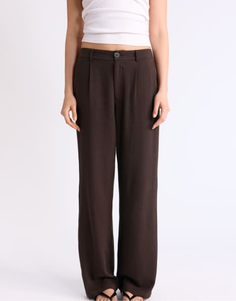 Stradivarius Straight fit trousers with linen in brown - view 1