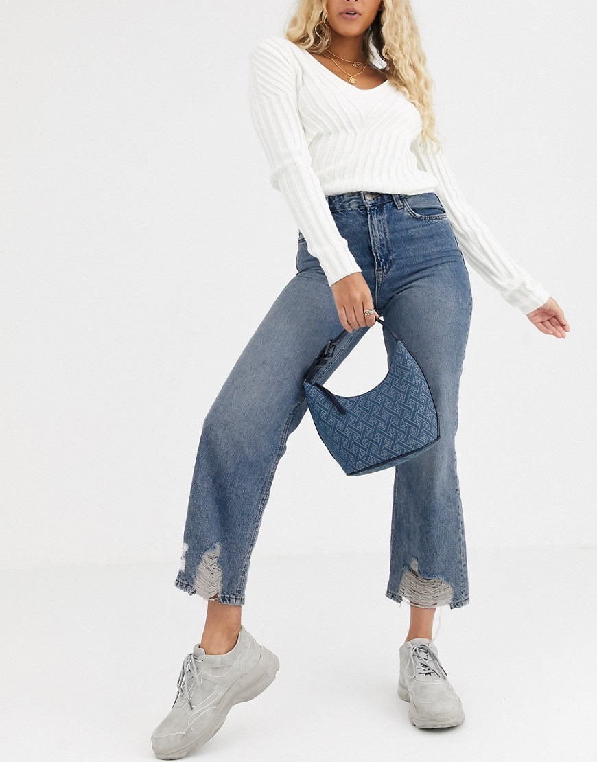 Stradivarius straight jeans with rips-Blue